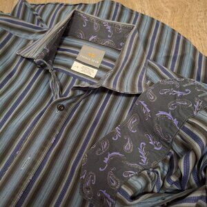 Thomas Dean Mens L-G Striped Long Sleeve Button-Up Shirt Flip Cuff